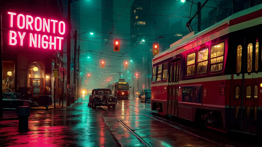 A vibrant nighttime scene in Toronto.  A red streetcar dominates the foreground, illuminated by neon signs and streetlights reflecting on the wet pavement. A classic car sits further down the street, adding to the nostalgic atmosphere.  The "Toronto By Night" neon sign glows brightly against a building, completing the evocative cityscape.  Rain slicks the streets, enhancing the atmospheric mood.