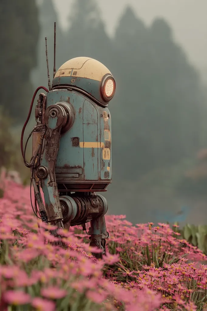 A weathered, blue and cream-colored robot stands amidst a field of vibrant pink flowers.  Its aged metallic body suggests a vintage or retro design, possibly from a post-apocalyptic or forgotten future. The robot's single glowing eye adds a touch of futuristic detail to its antiquated appearance. The scene creates a juxtaposition between technology and nature, highlighting a sense of peaceful solitude.