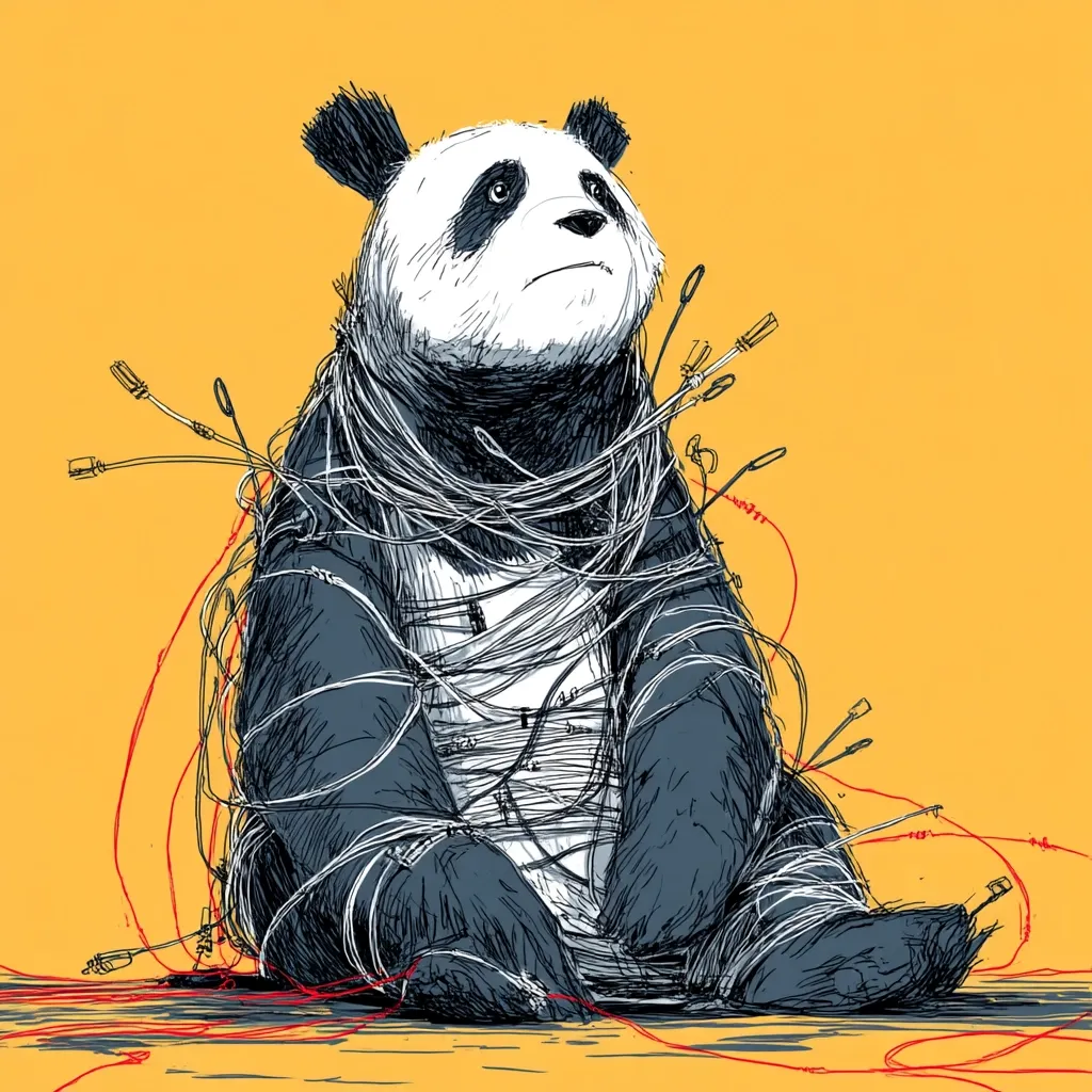 A sketch of a panda bear sits entangled in a mass of wires and cables against a yellow background.  The panda appears melancholic, its gaze directed upward. The numerous wires suggest a feeling of being overwhelmed or trapped by technology or interconnectedness. The style is expressive and slightly surreal.