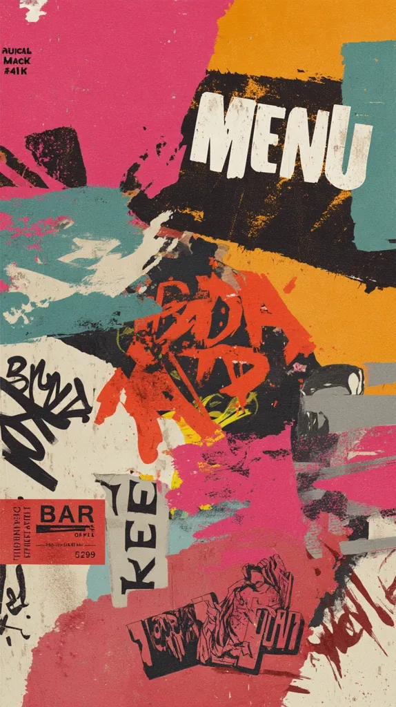 A vibrant, abstract collage features the word "MENU" prominently displayed in bold, off-white lettering against a dark background.  The overall aesthetic is bold and energetic, incorporating various shades of pink, orange, teal, and black.  Text snippets and graphic elements suggest a bar or restaurant setting, creating a visually striking and dynamic menu design.  The style is reminiscent of street art or graffiti.