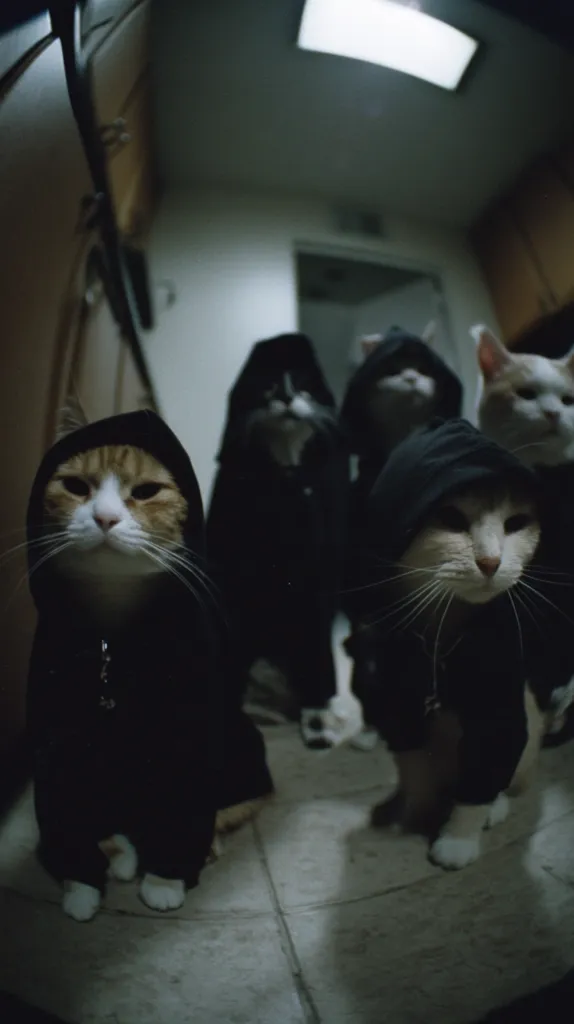 Five cats, dressed in black hooded cloaks, stand in a dimly lit hallway.  The cats' expressions are serious, creating a humorous, slightly menacing scene.  The fisheye lens distorts the perspective, adding to the quirky atmosphere.  The foreground features a ginger and white cat in the center, while the others are slightly blurred in the background.