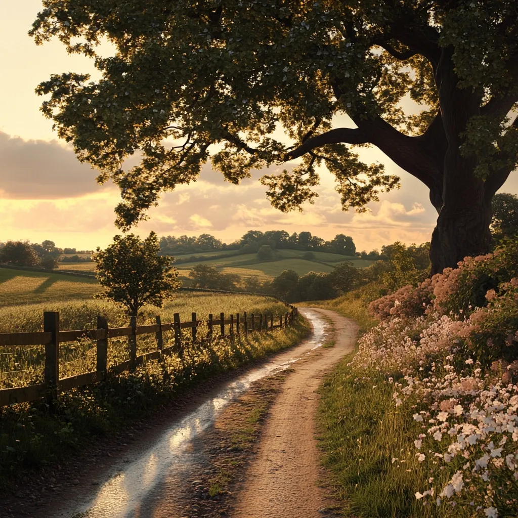 A picturesque country lane winds through a sun-drenched landscape.  A large, majestic tree casts its shade over a rustic wooden fence bordering a field of golden-green crops.  Wildflowers bloom along the roadside, adding vibrant color to the idyllic scene.  The setting sun bathes the rolling hills in a warm, golden light, creating a peaceful and tranquil atmosphere.