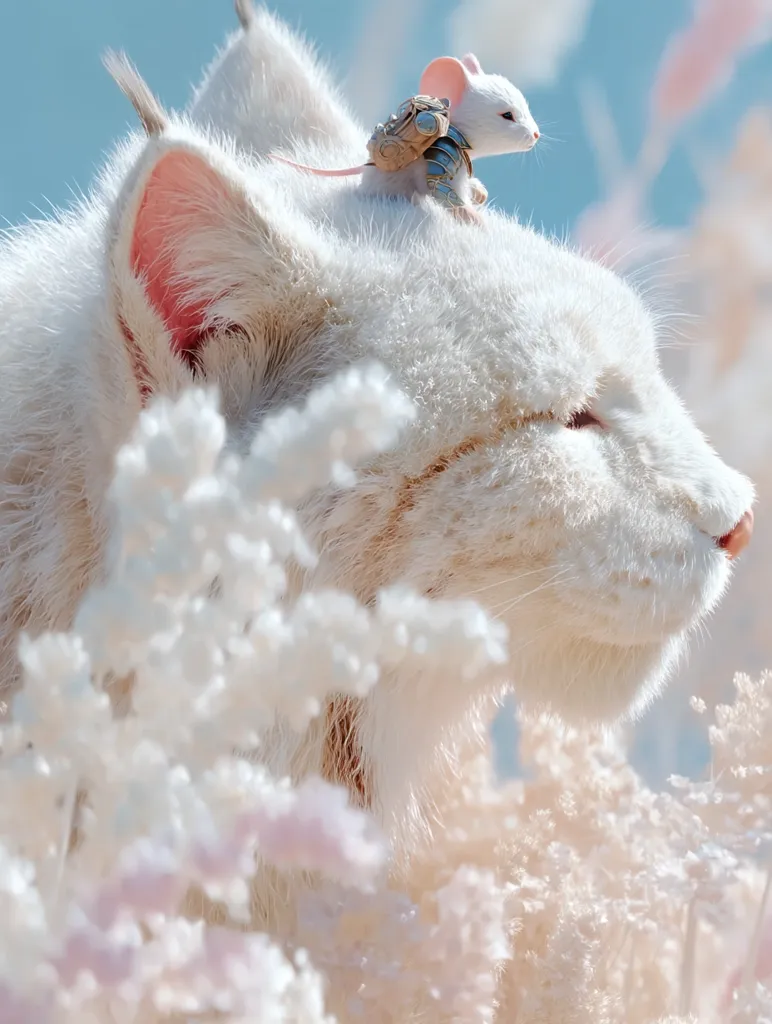 A fluffy white cat, its eyes gently closed, rests amidst a field of delicate, pale pink and white flowers.  A tiny, armored white mouse sits atop the cat's head, its miniature backpack adding a whimsical touch to the serene scene.  The soft light and pastel colors create a peaceful and dreamlike atmosphere.