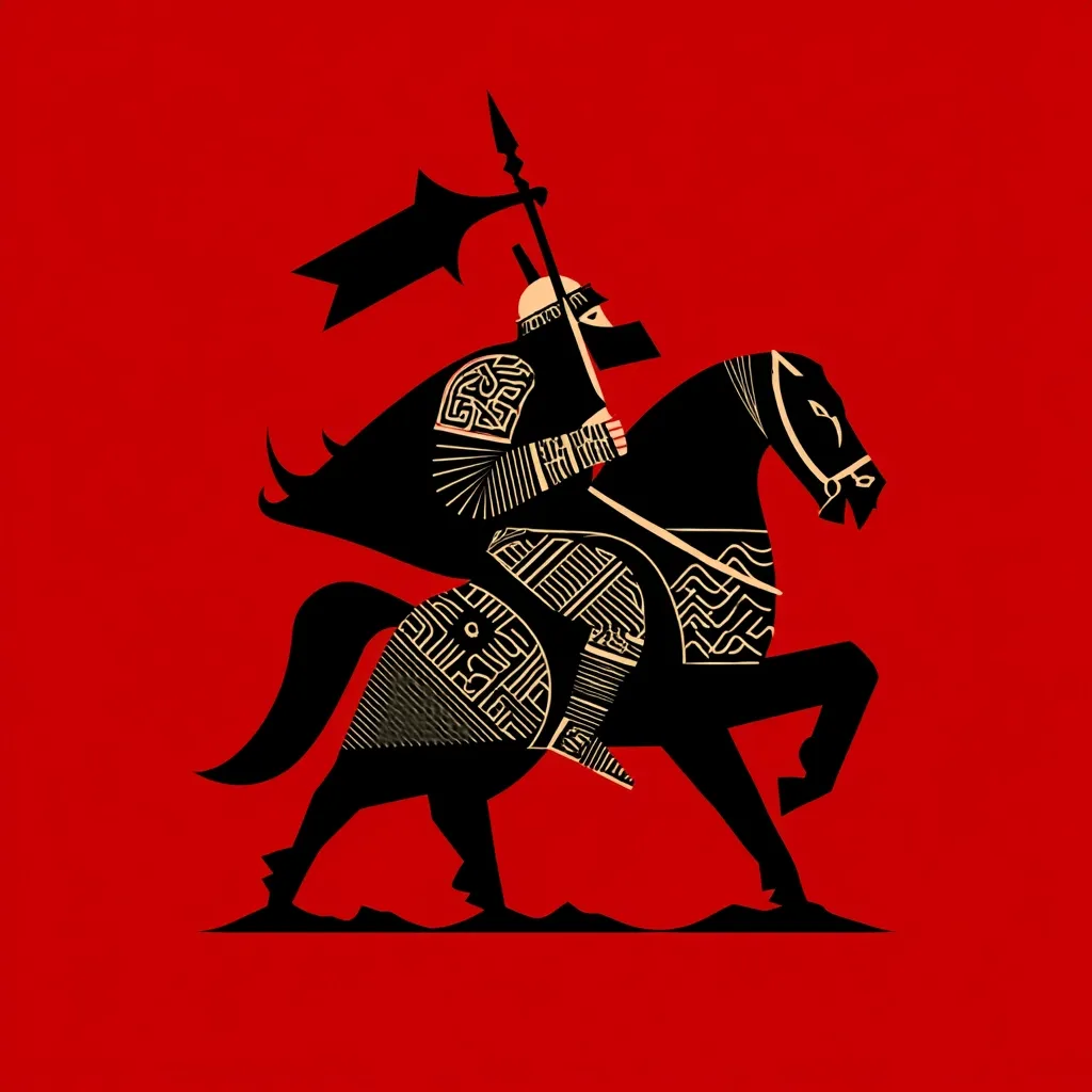 A stylized illustration depicts a knight on horseback against a bold red backdrop.  The knight and steed are rendered in black, adorned with intricate, geometric patterns in a lighter hue. The knight carries a spear and a banner, showcasing a strong, assertive posture.  The artwork's bold lines and contrasting colors create a striking, almost symbolic image.