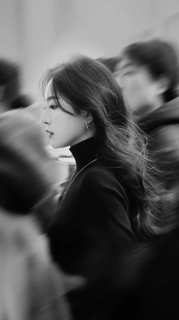A black and white image of a young woman with long hair, wearing a turtleneck sweater.  Her profile is subtly highlighted, and she appears to be in motion, suggested by the blurred background of indistinct figures.  The overall mood is one of quiet contemplation and movement, captured in a stylish and slightly moody aesthetic.  The focus is primarily on the woman's face and hair.