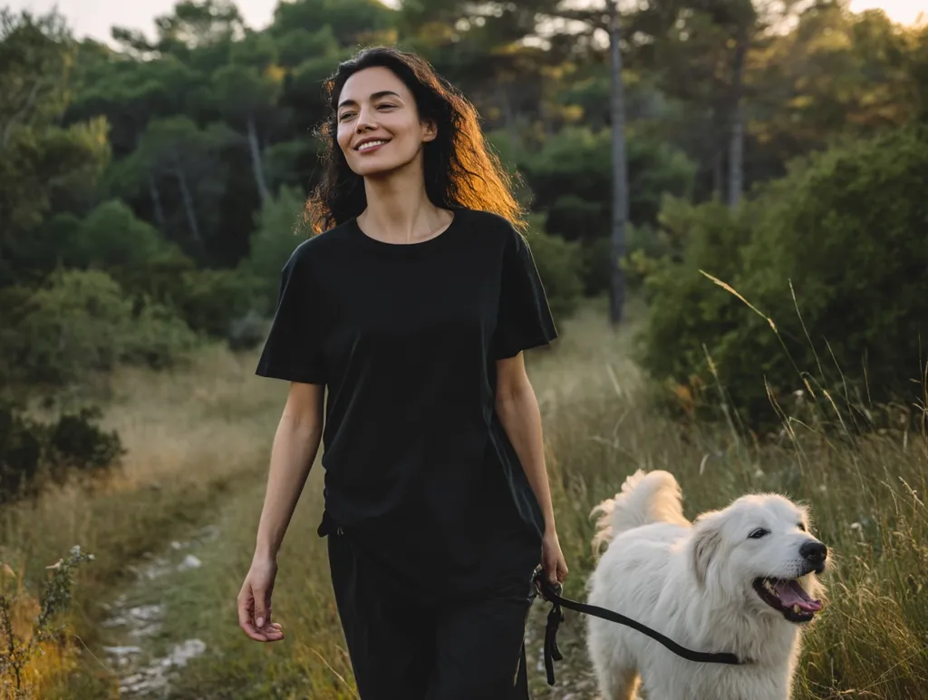 A woman with long dark hair smiles serenely as she walks along a dirt path in a wooded area.  She's wearing a simple black t-shirt and pants, and leads a large, fluffy white dog on a leash. The setting sun casts a warm glow on the scene, creating a peaceful and idyllic atmosphere. The woman and her dog seem relaxed and content on their outdoor adventure.