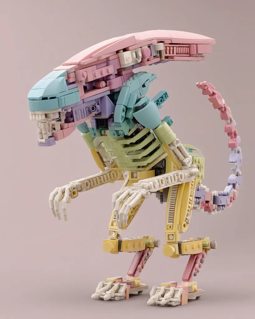 A pastel-colored Lego model of an Alien Xenomorph is depicted.  Its skeletal structure is visible, constructed from various shades of yellow, green, pink, and light blue bricks.  The detailed build accurately reflects the creature's anatomy, including its head, tail, and articulated limbs. The overall aesthetic is playful and whimsical, contrasting the Alien's typically menacing appearance.
