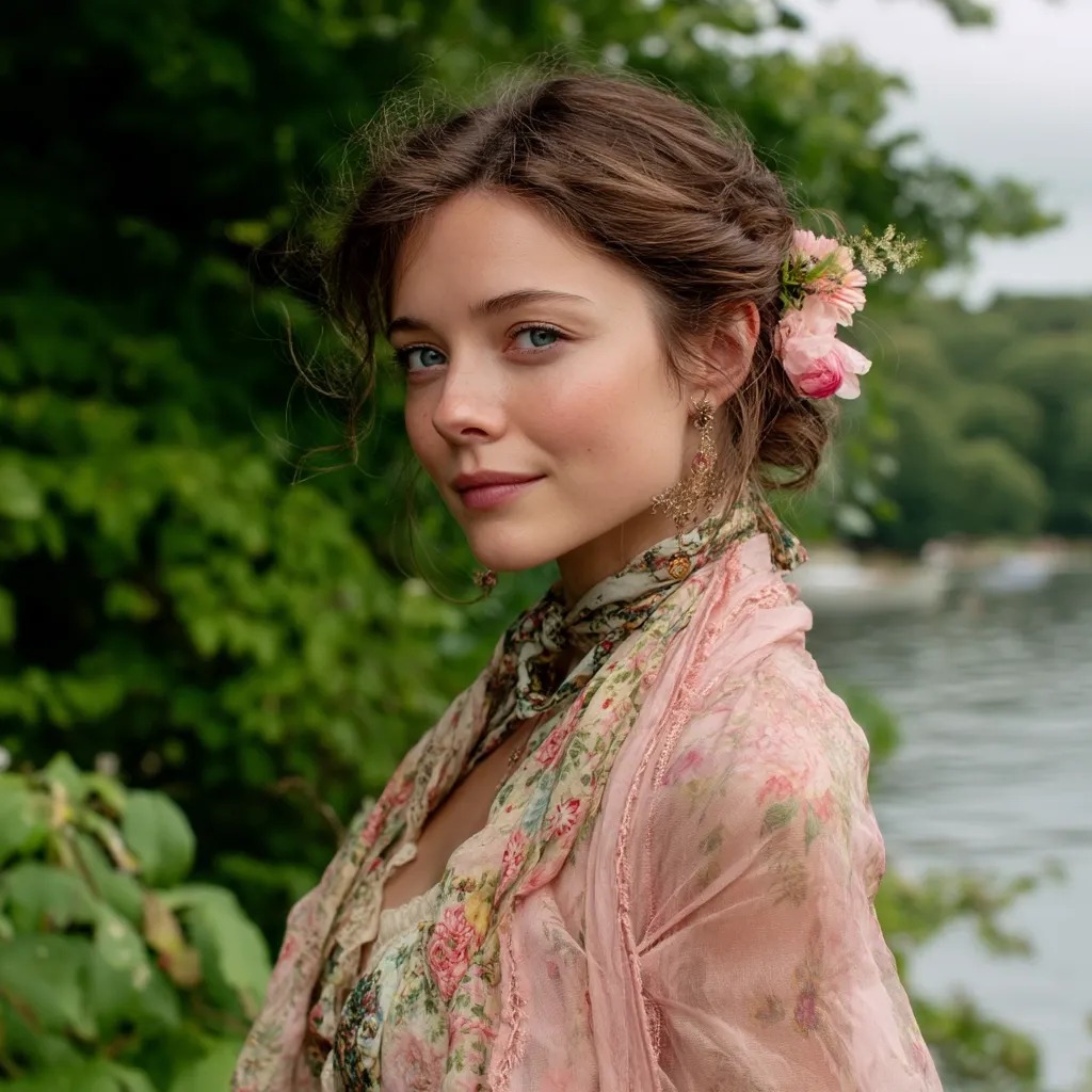 A young woman with light brown hair styled in an updo adorned with pink flowers, gazes over her shoulder. She wears delicate gold earrings and a flowing, floral pink shawl.  Her attire suggests a romantic or period-inspired style. The backdrop is a lush green landscape with a calm body of water visible in the distance.  Her expression is gentle and serene.