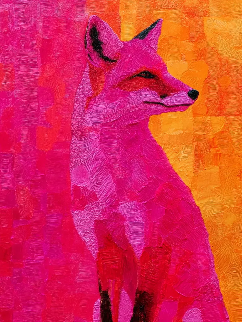 A vibrant painting depicts a fox in profile, rendered in bold strokes of fuchsia and hot pink against an orange background. The impasto technique creates a textured surface, emphasizing the fox's form.  The color palette is intensely saturated, giving the artwork a striking and modern feel. The fox's gaze is directed to the right, adding a sense of calm observation.