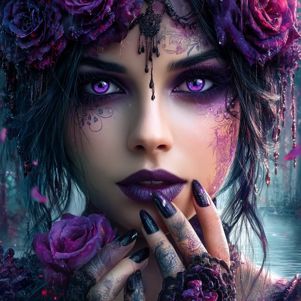 A captivating portrait of a dark-haired woman adorned with a crown of purple roses.  Her intense purple eyes and intricately designed makeup create a mystical, ethereal aesthetic.  She delicately holds her hands, adorned with dark nails and intricate tattoos, near her face. The overall mood is gothic and romantic, with a dreamy, otherworldly quality.  Purple hues dominate the image, enhanced by a soft, blurred background suggesting a mystical forest or garden.