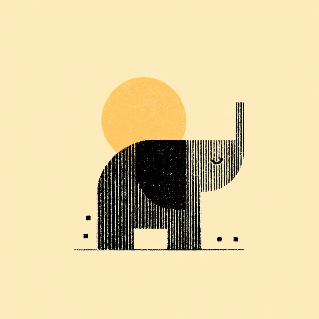 A stylized illustration depicts a black elephant silhouetted against a pale yellow background.  The elephant is composed of vertical lines, giving a textured appearance.  A large, textured yellow circle, suggesting a sun, rests on its back. Small black dots are scattered near its feet, adding to the minimalist aesthetic. The overall style is simple and geometric.