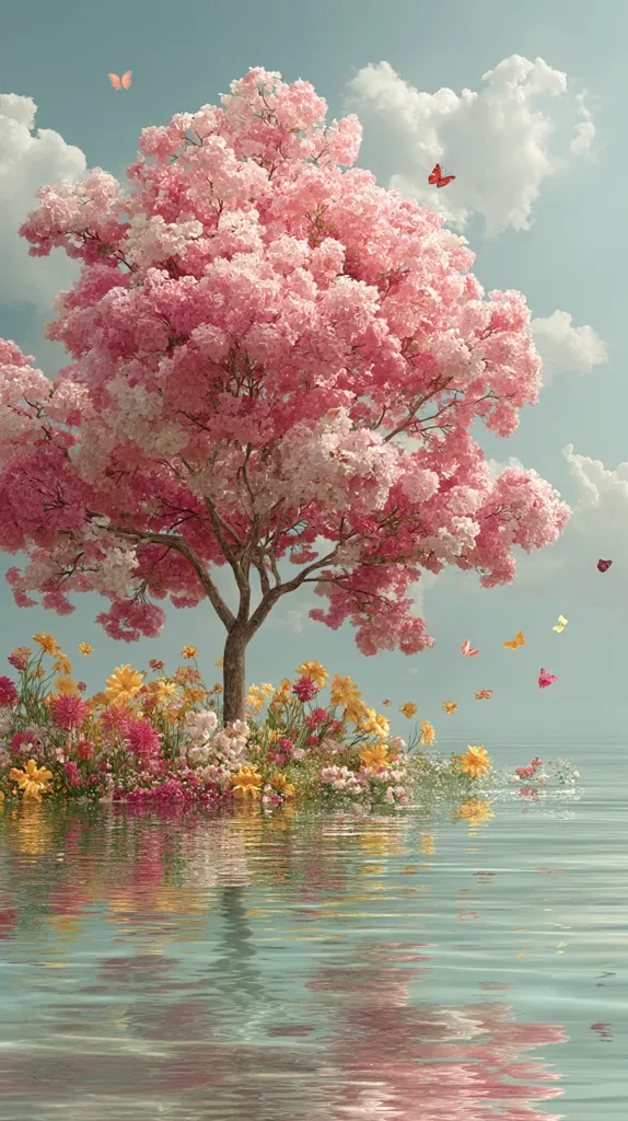A whimsical illustration depicts a pink blossoming tree situated on a small island amidst calm, reflective water.  Surrounding the tree are vibrant wildflowers in shades of pink, yellow, and orange.  Butterflies flutter in the serene sky above, adding to the idyllic and dreamlike atmosphere of the scene. The overall palette is soft and pastel, creating a tranquil and beautiful image.