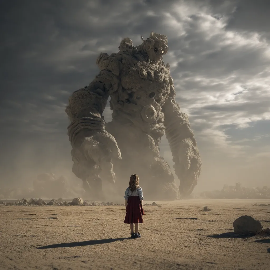 A young girl in a red dress stands alone in a desolate, dusty landscape, dwarfed by an immense, stone golem-like creature.  The giant, seemingly made of rock and dust, looms over her under a dramatic, cloudy sky. The scene evokes a sense of awe, vulnerability, and perhaps impending confrontation or mystery.  The vastness of the desert amplifies the scale of the giant and the girl's smallness.