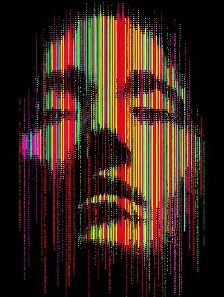 A vibrant, abstract portrait of a face is depicted using vertical streaks of bright, multicolored pixels.  Reds, oranges, greens, and blues dominate the palette against a black background. The image style resembles a digital glitch or data stream, giving a sense of motion and fragmentation.  The face is subtly suggested, its features implied rather than clearly defined by the dynamic pixel lines.