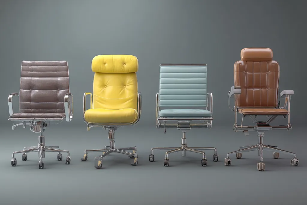 Four mid-century modern office chairs are arranged in a row against a gray background.  Each chair features a distinct color of leather upholstery: brown, yellow, light blue, and tan.  The chairs are similar in style, with chrome bases and adjustable heights, showcasing a range of classic design aesthetics.  The image suggests a professional or design-focused setting.