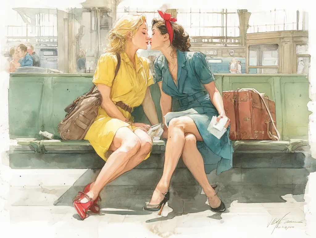A watercolor painting depicts two women sharing a tender kiss at a train station.  One woman wears a yellow dress and red shoes, the other a teal dress and high heels.  They sit on a bench, luggage beside them, amidst the bustling background of a train station. The scene is bathed in soft, natural light, conveying a sense of romance and departure.