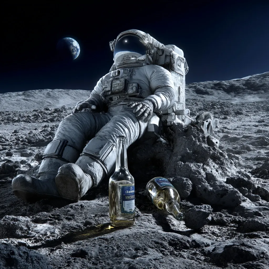 A lone astronaut sits on the moon's surface, Earth visible in the distance.  The astronaut is relaxed, legs outstretched, and two bottles of what appears to be alcoholic beverage lie near them.  The scene is desolate yet strangely peaceful, under a dark, star-filled sky. The astronaut's spacesuit shows signs of wear, adding to the sense of isolation and a long journey.