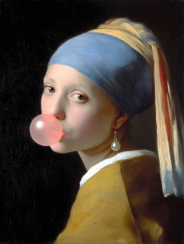 A playful reimagining of Vermeer's "Girl with a Pearl Earring."  The young woman, wearing a blue headscarf and gold-yellow jacket, is depicted blowing a large pink bubble of gum.  This contemporary twist adds a whimsical, unexpected element to the classic portrait, maintaining the original's masterful use of light and shadow. The pearl earring remains, a subtle nod to the source material.