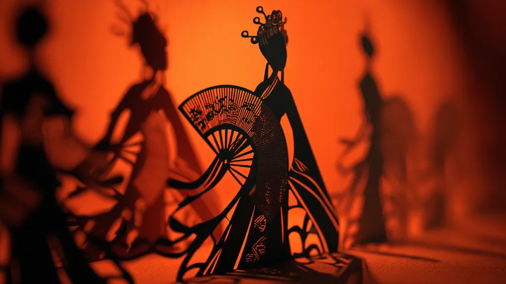 Intricate black paper cutouts of women in traditional Asian dress are displayed against a vibrant orange backdrop.  One figure, centrally positioned, holds a delicately detailed fan.  The shadows cast by the figures add depth and drama to the scene, suggesting a theatrical or artistic presentation.  The overall aesthetic is one of elegance and cultural richness.