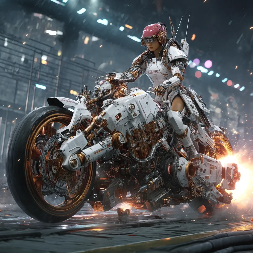 A female cyborg rider, clad in white futuristic armor and a pink helmet, sits astride a highly detailed, white and copper-accented motorcycle.  The bike, seemingly of advanced mechanical design, is leaving a fiery trail as it speeds across a rain-slicked, futuristic cityscape.  Sparks fly around the machine, enhancing the sense of speed and power. The scene is rendered with meticulous detail, showcasing a blend of cyberpunk and sci-fi aesthetics.