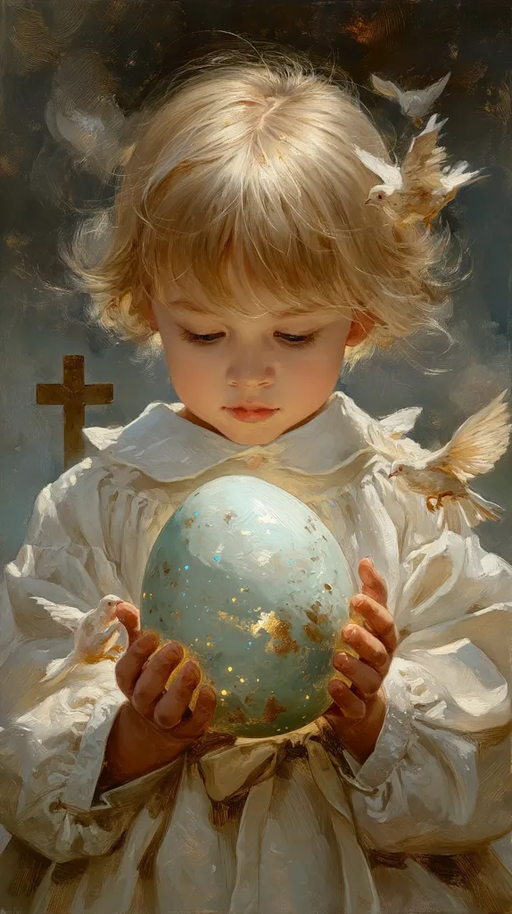 A painting depicts a blonde child, angelic in appearance, gently cradling a luminous, blue-green egg.  White doves flutter around the child, who is dressed in a flowing white garment. A cross is subtly visible in the background, adding a spiritual element to the scene. The overall tone is serene and evocative of hope and new beginnings. The soft light and delicate brushstrokes enhance the ethereal quality of the image.