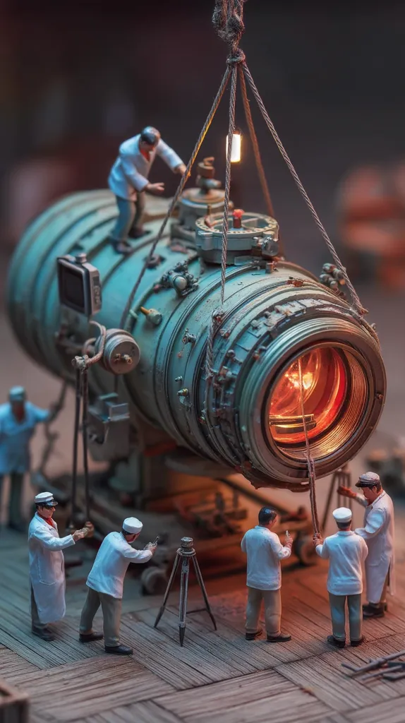 A miniature scene depicts a large, cylindrical object, possibly a lens or industrial component, being hoisted by a crane.  Several miniature figures, dressed in white coats, work meticulously around it, using surveying equipment and ropes.  The scene is detailed, showing the texture of the metal and the expressions of the tiny workers. The warm light emanating from the object's interior creates a dramatic effect.