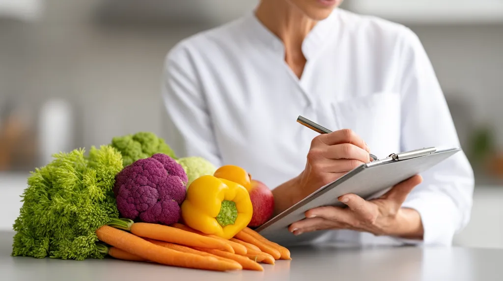 A healthcare professional in a white coat meticulously notes details on a clipboard.  In front of them sits a vibrant arrangement of fresh produce, including carrots, a yellow bell pepper, purple cauliflower, and leafy greens. The image suggests a focus on healthy eating, nutrition planning, or dietary consultation.
