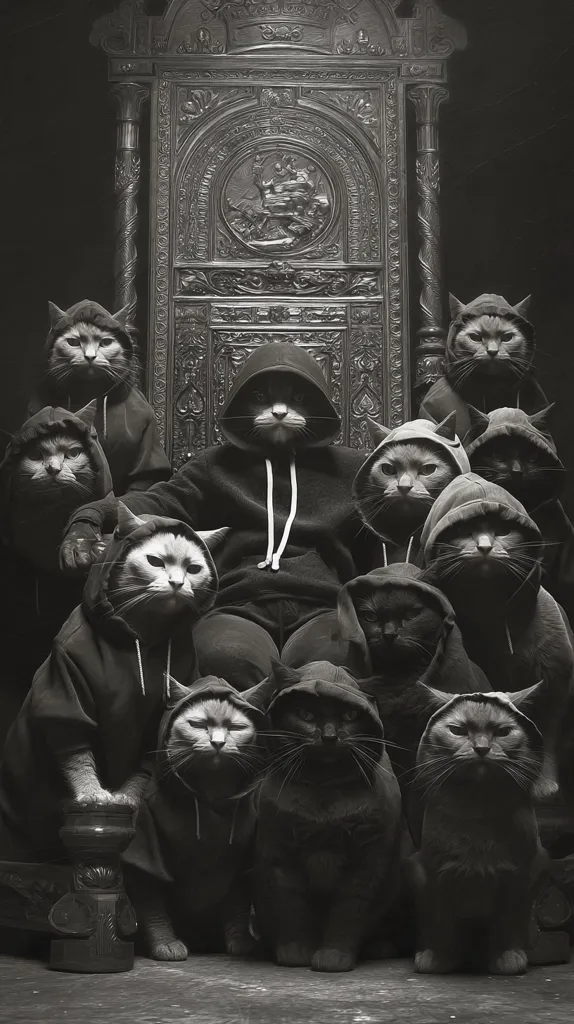 A monochrome image depicts a regal scene of cats dressed in hoodies.  The central figure, a cat in a hooded sweatshirt, sits upon an ornate throne surrounded by a court of similarly attired felines. The dark, dramatic lighting and detailed throne enhance the image's regal and slightly ominous atmosphere. The cats appear serious and composed, creating a powerful visual statement.