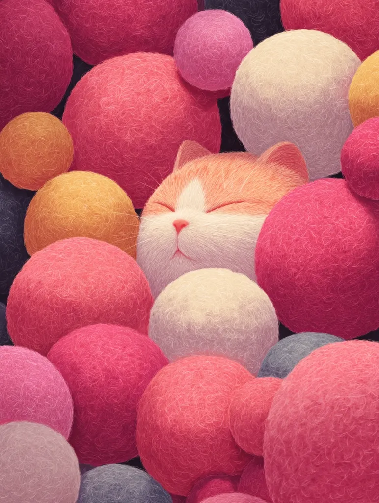 A fluffy orange and white cat sleeps peacefully nestled amongst a multitude of soft, pastel-colored balls.  The balls are various shades of pink, red, orange, and beige, creating a cozy and textured background. The cat's eyes are closed, suggesting a deep and restful slumber. The overall image is soft, warm, and evokes a feeling of comfort and tranquility.