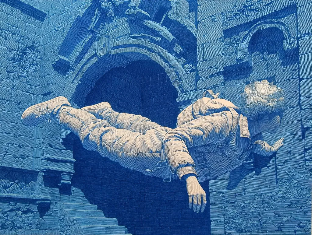 A monochromatic blue illustration depicts a person in a horizontal, airborne position, seemingly floating near an aged stone archway.  The figure, wearing a jacket and pants, is rendered with meticulous detail, emphasizing texture and form. The background showcases the decaying grandeur of an ancient stone structure, possibly a ruin, with visible weathering and architectural elements. The overall mood is one of mystery and quiet exploration.