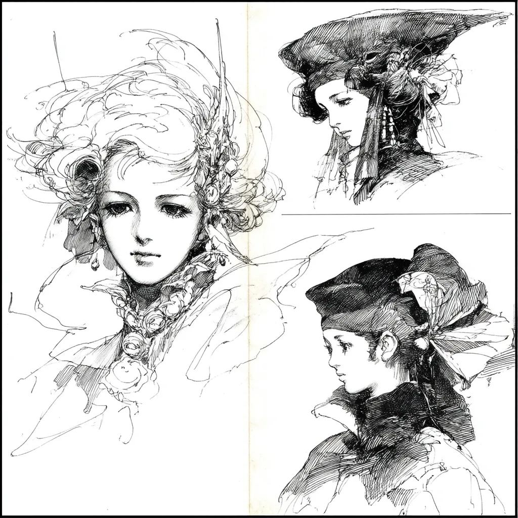 A collection of three exquisite pen-and-ink sketches depicts elegant women in period attire.  Each portrait showcases detailed facial features and elaborate hairstyles adorned with ornate headwear.  The artist masterfully uses line weight and shading to create a sense of depth and texture in the clothing and hair, conveying a refined and graceful aesthetic.  The style suggests a romantic or historical theme.