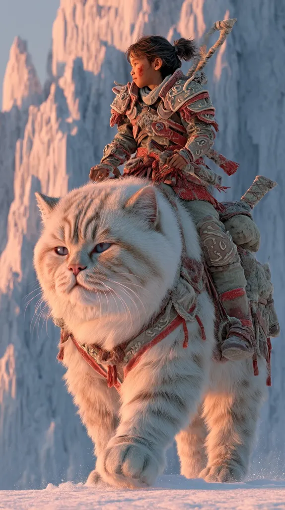 A young warrior, clad in ornate red and gold armor, sits atop a colossal, fluffy cream-colored cat.  They traverse a snowy, mountainous landscape bathed in the warm glow of the setting sun. The cat, seemingly docile, is adorned with a harness.  The scene evokes a fantasy world blending elements of ancient East Asian culture and magical realism.