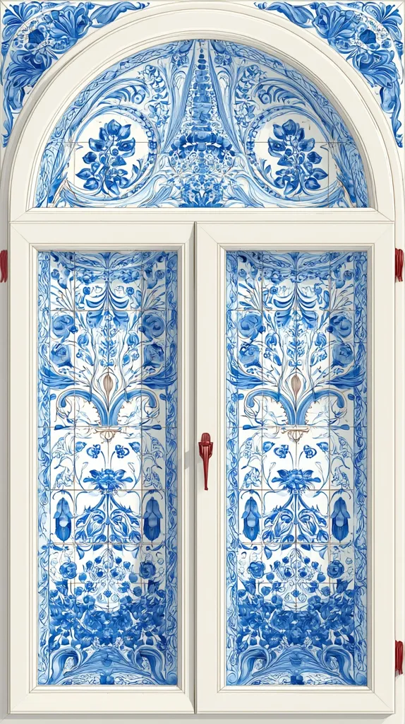 A white arched window is adorned with intricate blue and white azulejo tilework.  The arched transom features a symmetrical floral design, while the two window panes each display a vertical arrangement of stylized flowers and foliage.  The overall style is reminiscent of Portuguese or Spanish architecture, showcasing a classic and elegant design. The red accents on the window frame add a pop of color.