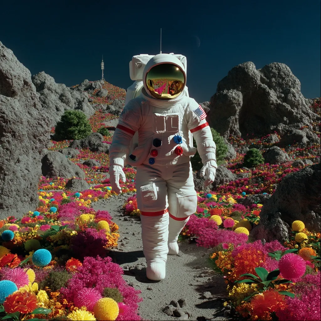 An astronaut in a white spacesuit walks along a path on an alien planet.  The path is lined with vibrant, colorful flowers resembling oversized pom-poms in shades of pink, red, yellow, and orange.  Rocky, grey terrain and a distant antenna tower are visible in the background under a clear, daytime sky.  The scene is surreal and otherworldly.