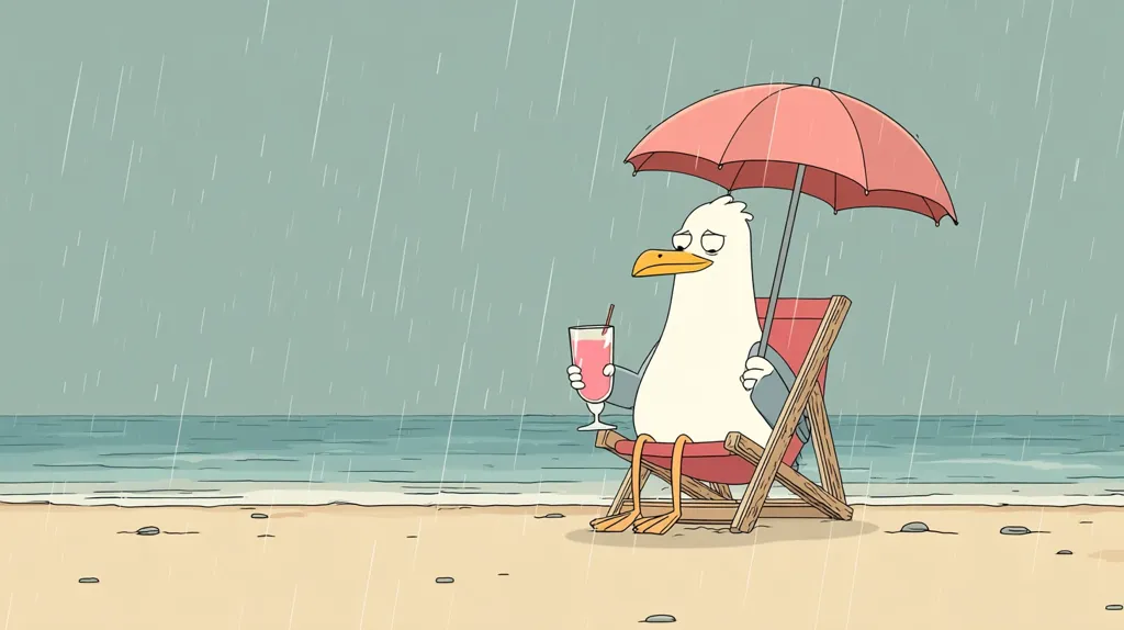 A cartoon seagull sits in a beach chair under a pink umbrella on a rainy beach.  The seagull holds a pink drink. The rain falls steadily over the ocean and sandy shore.  The scene is rendered in a simple, cartoon style with muted colors.  The overall mood is melancholic, despite the umbrella and drink.