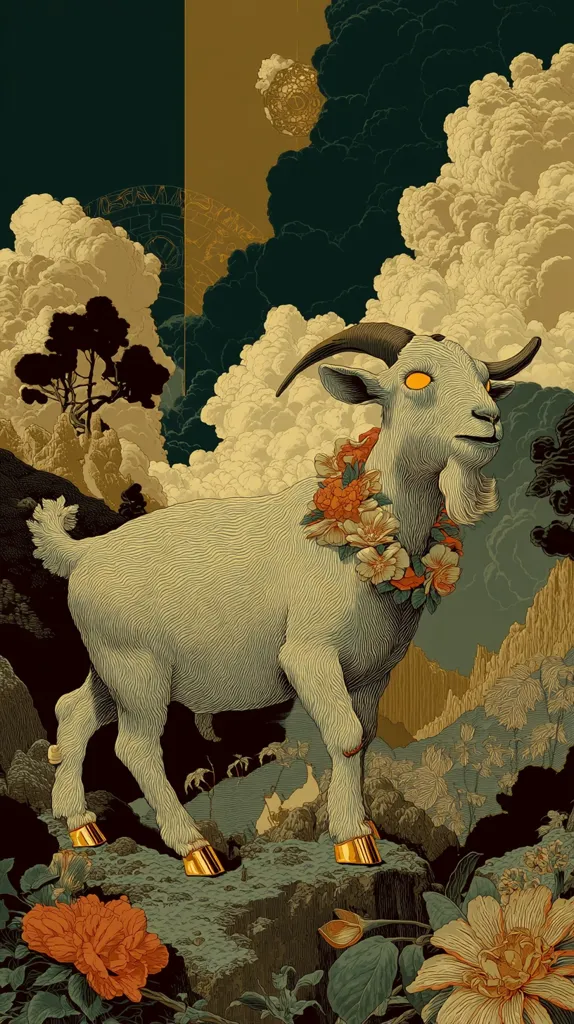A majestic goat, adorned with a floral garland, stands prominently against a backdrop of fantastical scenery.  Its golden hooves and glowing eyes add to its otherworldly appearance.  The detailed illustration features a stylized landscape with rolling hills, dark clouds, and lush vegetation, creating a surreal and dreamlike atmosphere. The artwork evokes a sense of mystery and ancient lore.