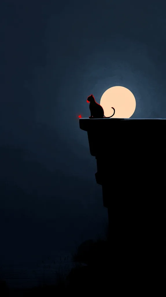 A silhouetted black cat sits on a cliff edge, gazing at a small red light in the distance.  A large, pale moon illuminates the scene under a dark, night sky. The image evokes a sense of solitude and mystery, with the cat as the central figure against the dramatic backdrop.  The overall mood is peaceful yet slightly melancholic.