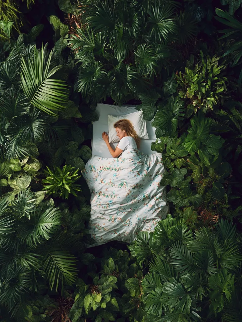 An overhead shot depicts a young woman sleeping peacefully in a bed nestled within a lush, vibrant tropical garden.  The bed is covered with a floral duvet, and the surrounding greenery completely envelops the sleeping area, creating a serene and natural environment.  Sunlight filters through the leaves, casting dappled shadows.  The scene evokes a feeling of tranquility and connection with nature.