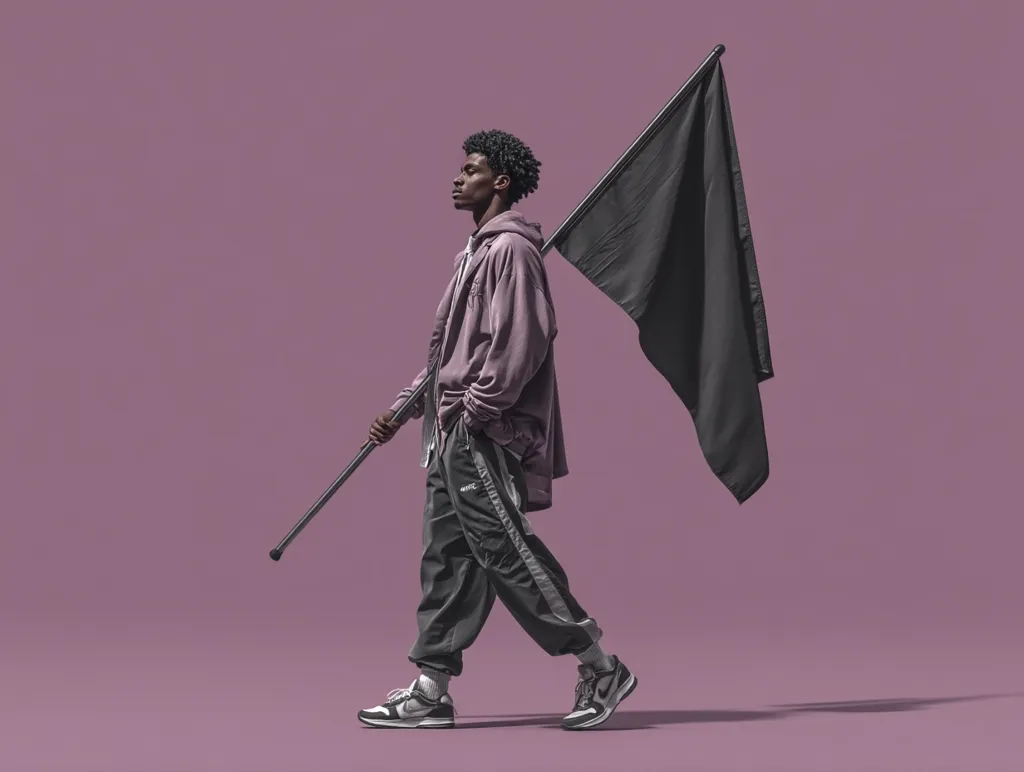 A young Black man, dressed in a mauve hoodie and dark grey track pants, strides confidently across a muted purple backdrop. He carries a long pole from which a dark, rectangular flag hangs. His posture and the flag's stark color create a powerful, yet enigmatic image.  The overall aesthetic is minimalist and stylish.