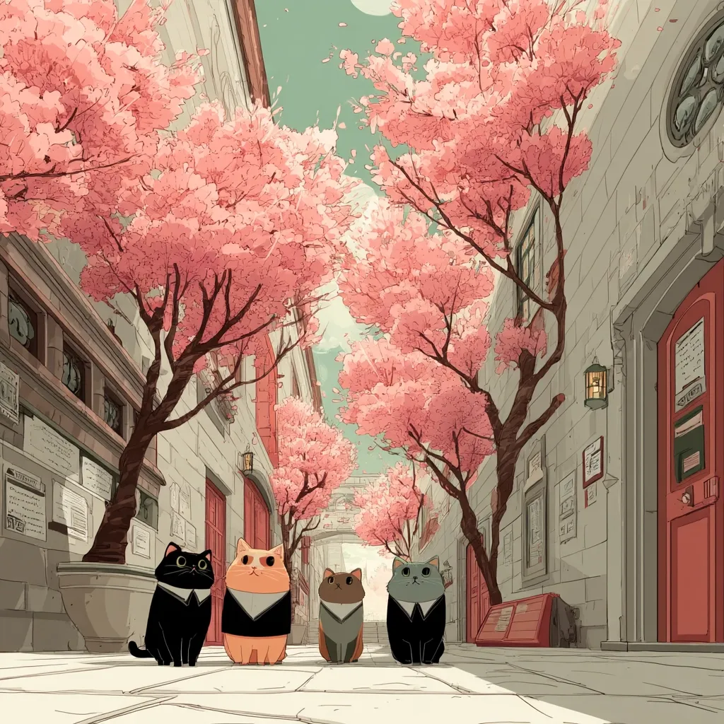 Four cats, dressed in tiny black suits and collars, sit on a sun-dappled pathway between rows of blossoming pink cherry trees.  The charming alleyway is lined with light grey buildings, featuring red doors and bulletin boards. The scene is rendered in a soft, pastel anime style, creating a peaceful and whimsical atmosphere.