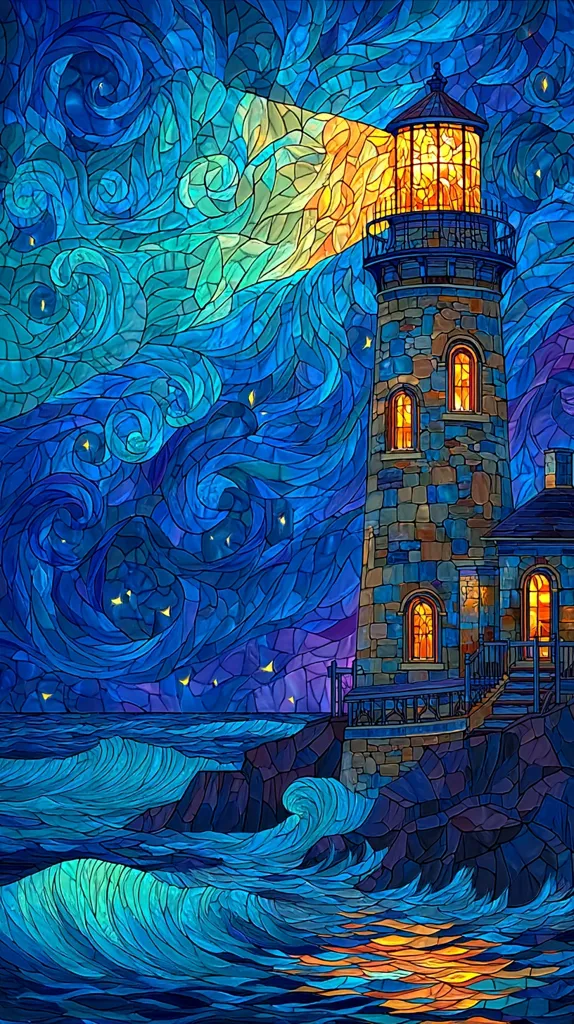 A vibrant stained-glass artwork depicts a lighthouse standing on a rocky cliff overlooking a turbulent sea under a swirling, starlit sky. The style is reminiscent of Van Gogh's "Starry Night," with expressive brushstrokes rendered in colorful glass tesserae. The lighthouse's warm light contrasts with the cool blues and purples of the night, creating a dramatic and captivating scene. The waves crash against the rocks, adding dynamism to the composition.