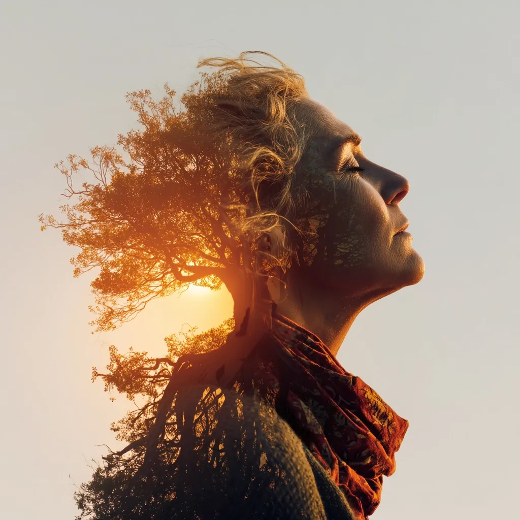 A double exposure image depicts a woman's profile superimposed with a large tree at sunset.  Her blond hair blends seamlessly with the tree's branches, creating a feeling of interconnectedness with nature. The warm, golden light of the setting sun bathes the scene, emphasizing the serene and peaceful expression on the woman's face.  The image evokes a sense of tranquility and the strength of nature.