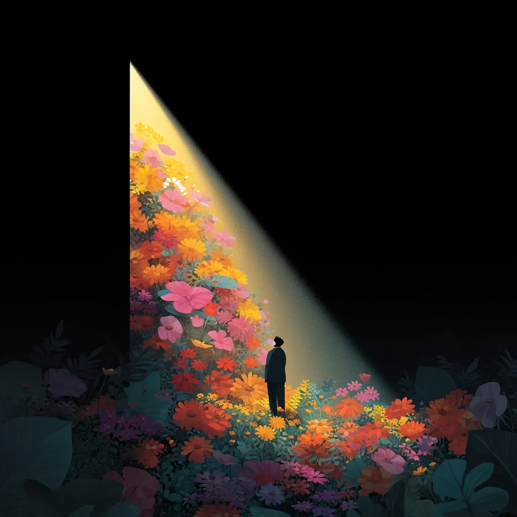 A solitary figure stands amidst a vibrant, illuminated field of flowers.  A single beam of light cuts through the surrounding darkness, highlighting the colorful blossoms and the person's contemplative posture. The scene evokes a sense of hope, new beginnings, or emerging from darkness into a brighter future.  The contrast between the dark background and the radiant flowers creates a powerful visual impact.