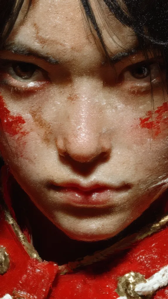 Close-up of a young woman's face, painted in a style reminiscent of classical portraiture.  Her expression is serious, almost angry.  Red streaks, possibly blood, stain her cheeks and near her eyes. She wears a red military-style jacket with gold braid detailing.  The painting has a textured quality, emphasizing the skin's imperfections and the fabric's richness.