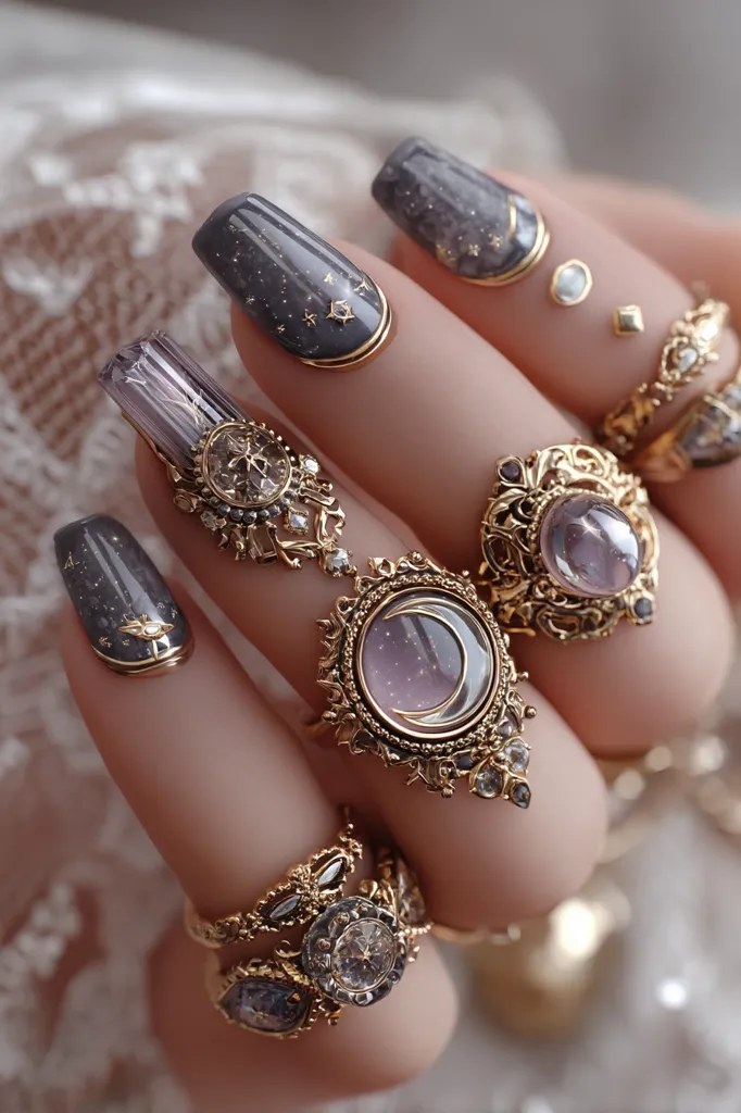 A close-up shot showcases a hand adorned with intricately designed gold rings featuring crescent moons and ornate detailing.  The nails are painted a dark grey with gold accents and celestial designs, complementing the jewelry's aesthetic. The overall style is elegant and whimsical, reminiscent of antique or fantasy settings. The rings are stacked and layered, showcasing their craftsmanship.