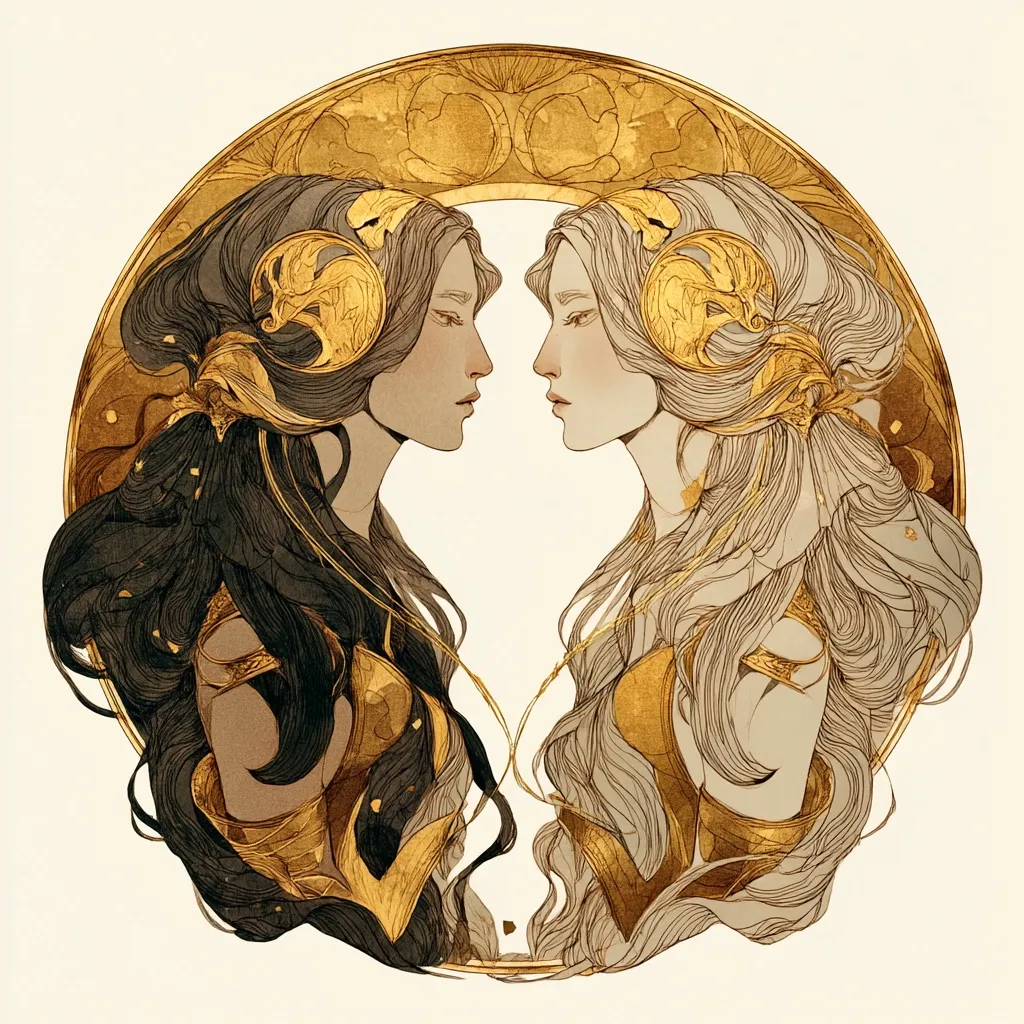 The artwork depicts two women, mirror images of each other, facing inwards.  They possess flowing hair—one dark, one light—adorned with golden headpieces reminiscent of Art Nouveau style.  The women are framed within a circular gold design, creating a sense of unity and balance.  Their expressions are serene, hinting at a deep connection or shared destiny. The overall aesthetic is elegant and ethereal, with a blend of delicate linework and rich gold accents.