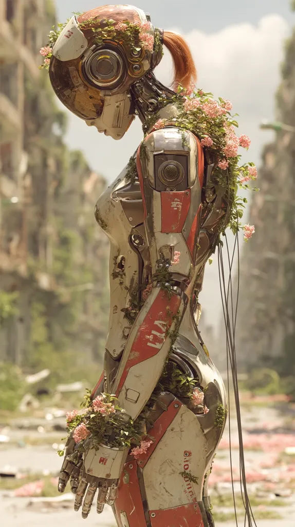 A weathered female robot, adorned with blooming pink flowers sprouting from its metallic frame, stands amidst a post-apocalyptic cityscape.  Its helmet is lowered, suggesting a melancholic pose.  The contrast between the decaying urban landscape and the delicate blossoms creates a poignant image of nature reclaiming technology.  The robot's design is intricate, showing wear and tear, enhancing the overall mood of quiet desolation.
