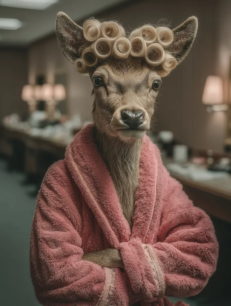 A deer, sporting a blonde bouffant hairstyle in curlers, is depicted wearing a plush pink bathrobe.  Its arms are crossed, and it stares directly at the camera with a serious expression. The background suggests a restroom or dressing room setting, complete with vanity mirrors and dim lighting. The overall image presents a humorous juxtaposition of animal and human attire.