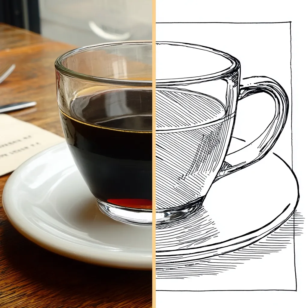 Half of the image shows a photograph of a glass cup of dark coffee sitting on a white saucer on a wooden table.  The other half displays a detailed ink drawing of the same cup and saucer, rendered in a classic, illustrative style with cross-hatching and shading. The juxtaposition highlights the transformation from a real-life object to its artistic representation.
