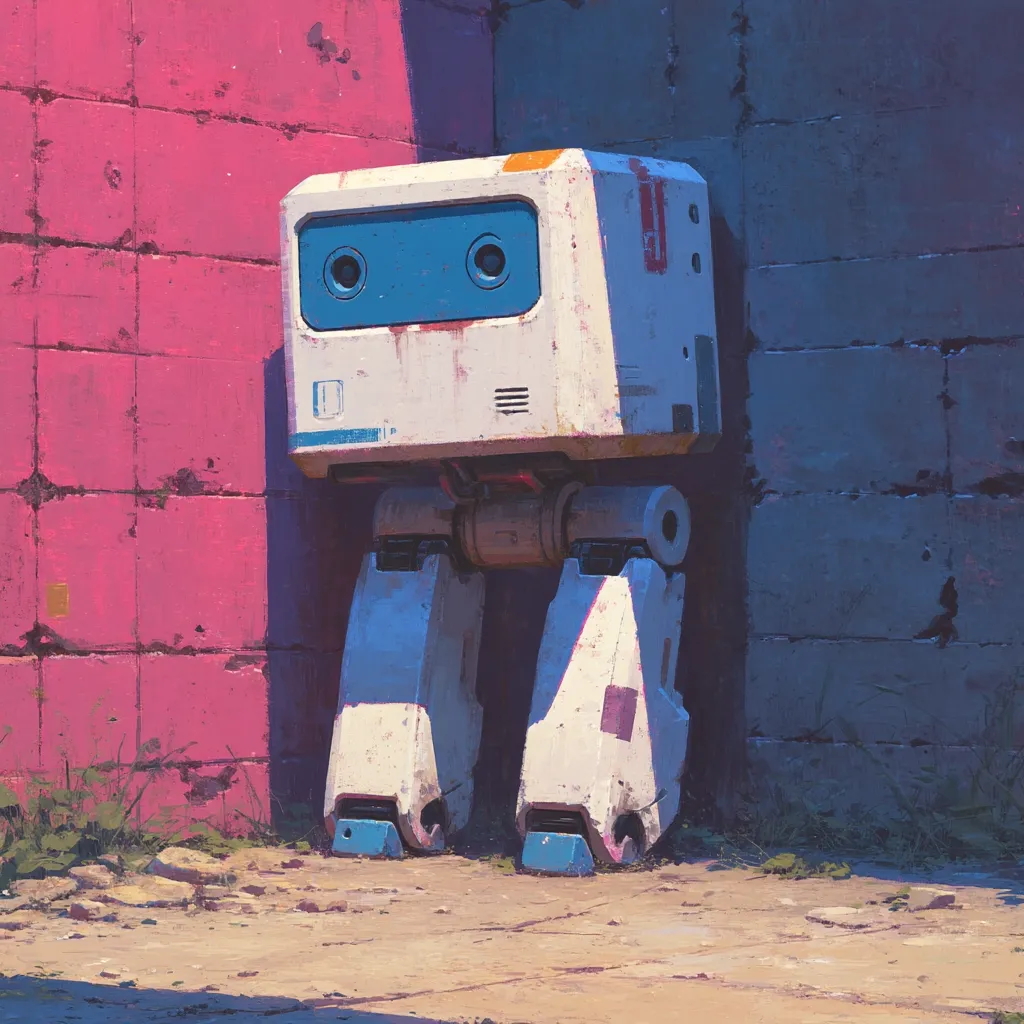A retro-style robot, predominantly white with blue accents, stands against a vibrant pink wall.  Its design resembles a cassette tape, with circular blue eyes. The robot appears worn, suggesting age or use. The scene is set outdoors, with sparse vegetation at the base of the wall, creating a melancholic and slightly desolate atmosphere.  The overall style is reminiscent of digital art with a painterly texture.